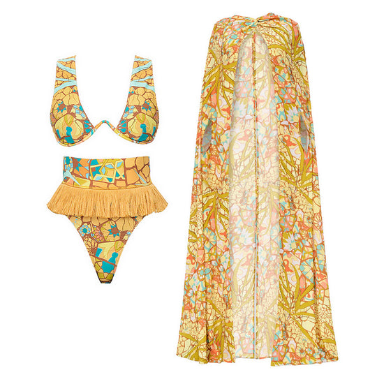 Damen Bikini-Set mit fransigem Saum und kreativem Muster R&B