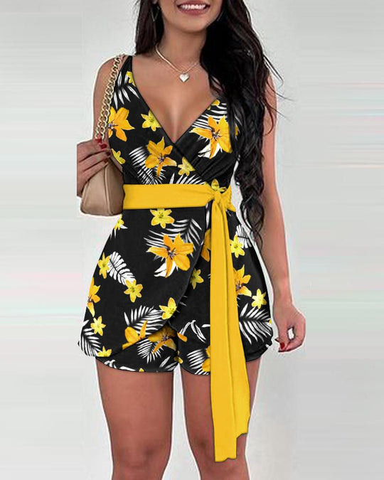 Damen lässiger Wickel-Jumpsuit mit kreativem Muster und Taillengürtel R&B