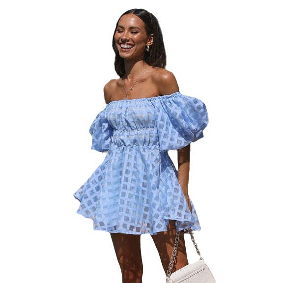 Damen Sommerliches Minikleid mit weiten Puffärmeln und Off-Shoulder-Ausschnitt R&B