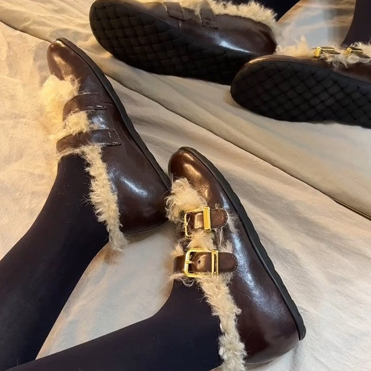 Damen Clogs mit kuscheligem Kunstfellkragen und modischen Schnallen R&B