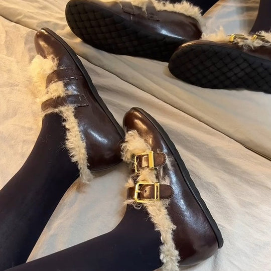 Damen Clogs mit kuscheligem Kunstfellkragen und modischen Schnallen R&B