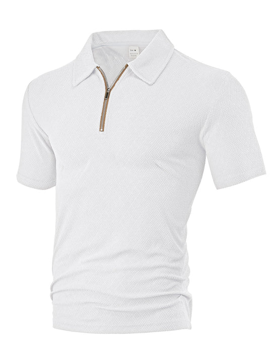 Herren nan schmal geschnittenes Halbzip-Polo mit feiner Fischgrät-Jacquardstruktur R&B