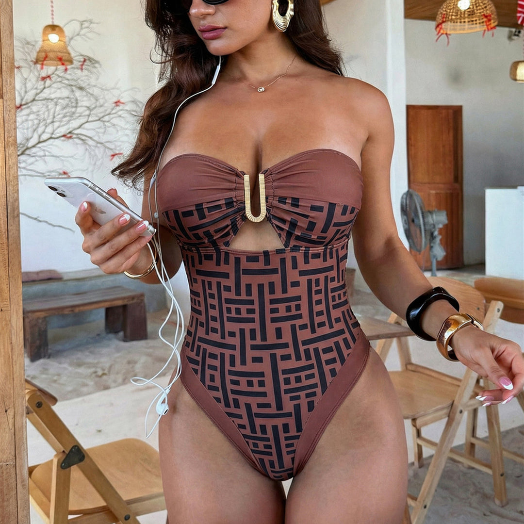Damen Einseitiger Cut-Out Badeanzug mit dekorativer Schnalle R&B