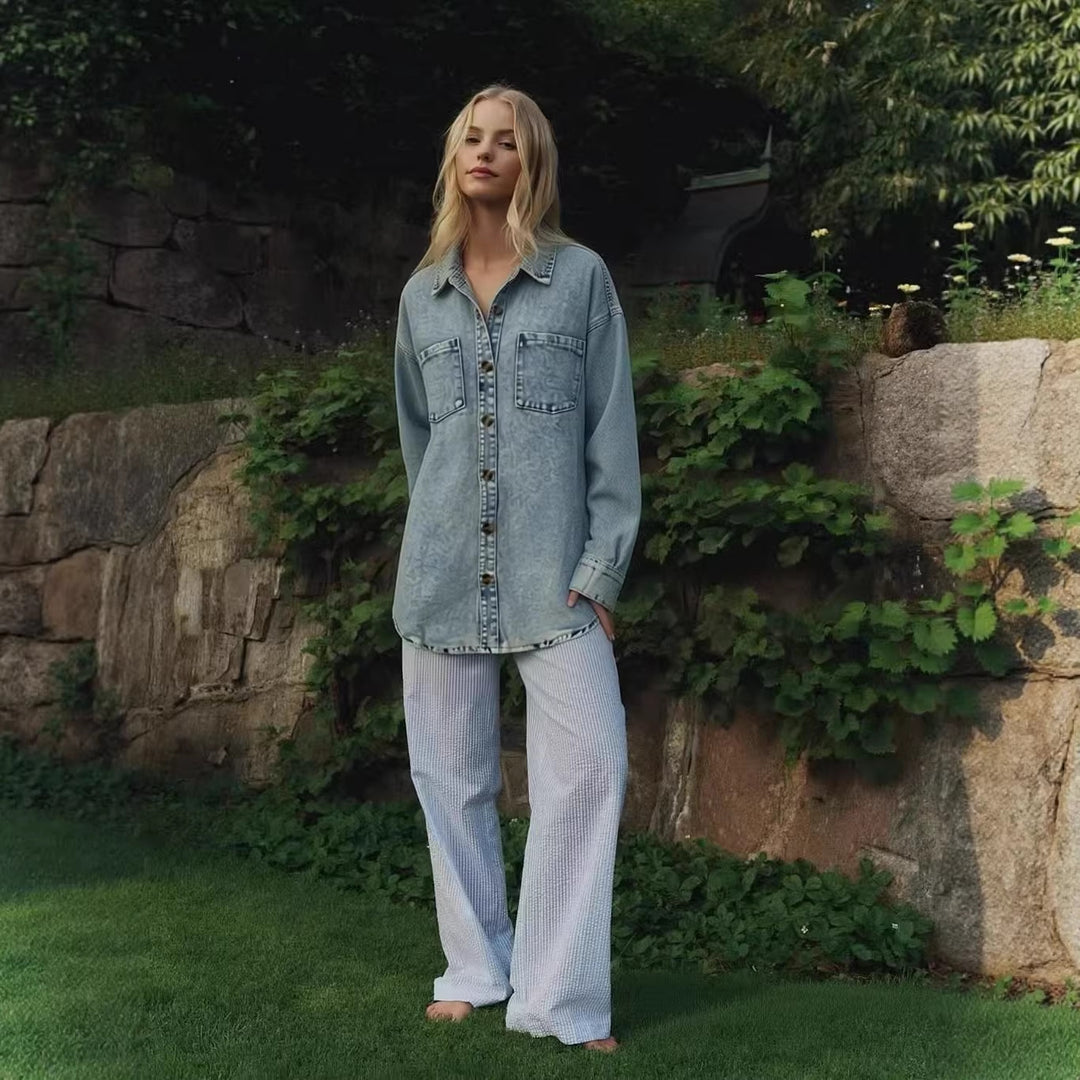 Damen Oversized Denim-Hemd mit aufgesetzten Taschen R&B