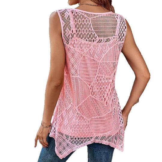 Damen nan gehäkeltes A-Linien-Oberteil mit asymmetrischem Zipfelsaum und integriertem Jersey-Untertop R&B