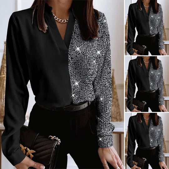 Damen nan elegante Hemdbluse mit halbseitigem Paillettenbesatz, V-Ausschnitt und leicht taillierter Passform R&B