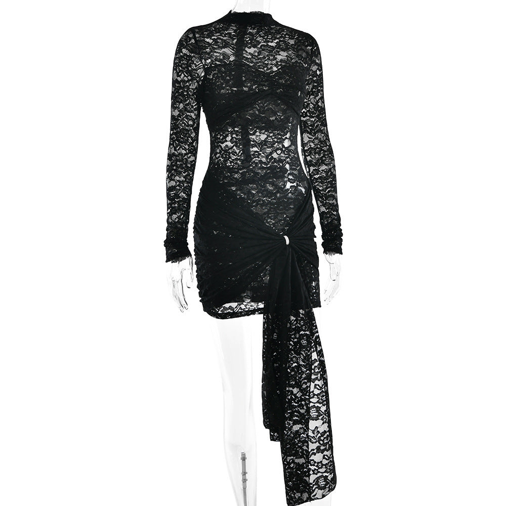 Damen Spitzenkleid mit asymmetrischem Saum und langen Ärmeln R&B