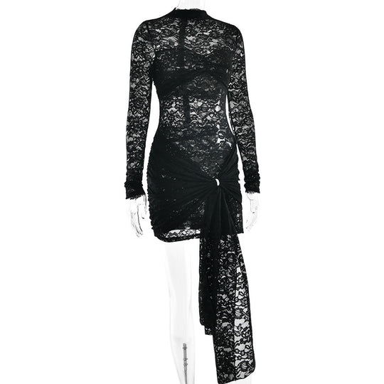 Damen Spitzenkleid mit asymmetrischem Saum und langen Ärmeln R&B