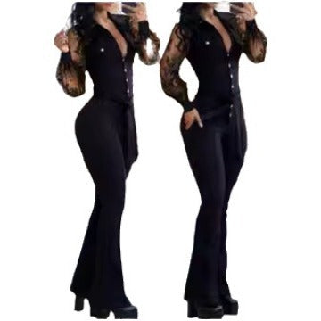 Damen Eleganter Jumpsuit mit transparenten Ärmeln und tailliertem Schnitt R&B