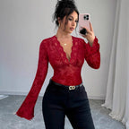 Damen nan eng anliegende transparente Mesh-Spitzenbluse mit tiefem V-Ausschnitt und floraler Veloursstruktur R&B
