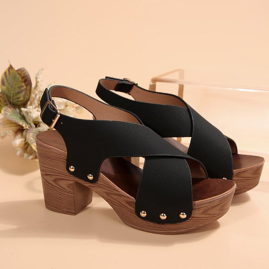 Damen Slingback-Pantoletten mit moderner Holz-Optik und eleganten Verzierungen R&B