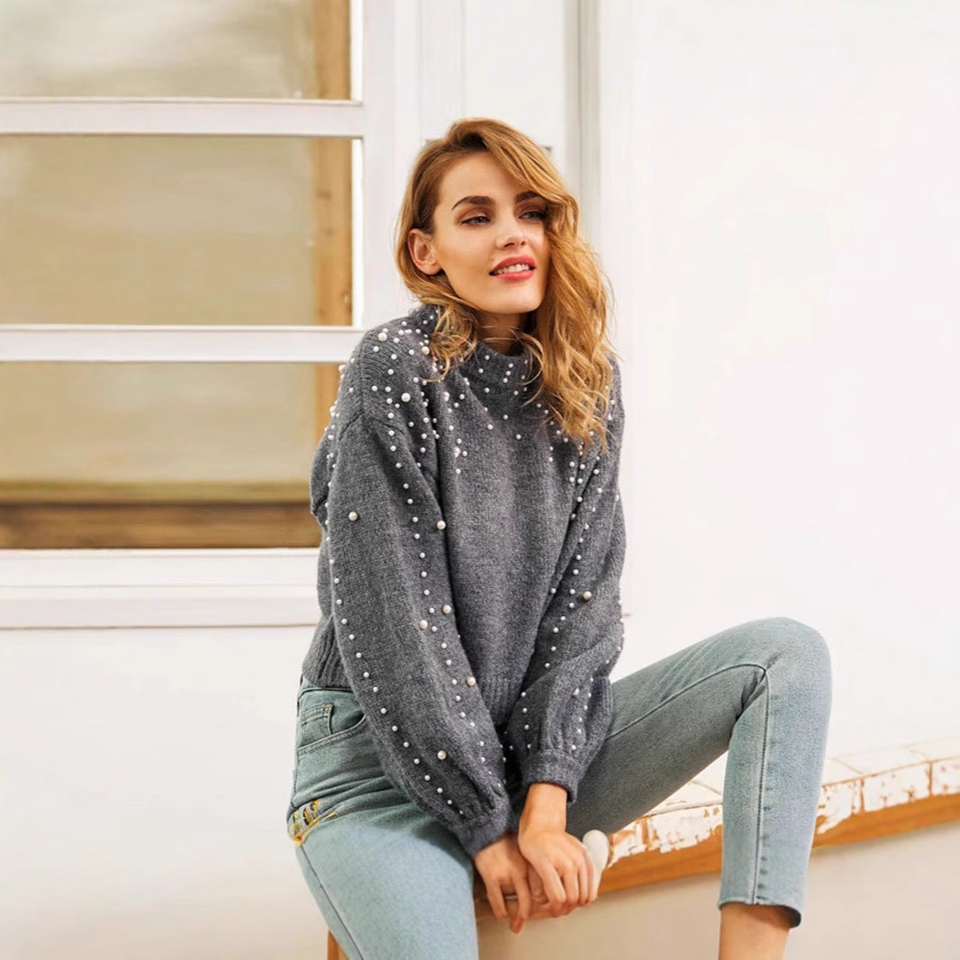 Damen modischer Pullover mit Perlendetails und ballonförmigen Ärmeln R&B