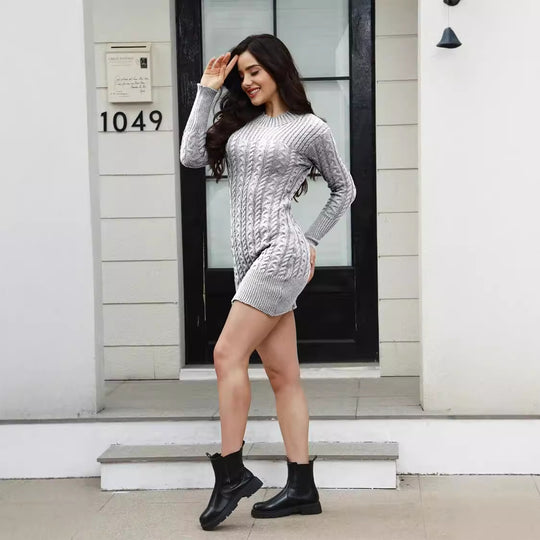 Damen Strickkleid mit stylischem Zopfmuster und figurbetontem Schnitt R&B