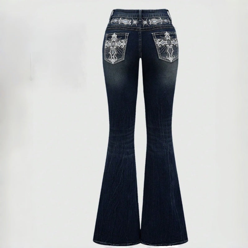 Damen Bootcut Jeans mit aufwendigen Stickereien und hohem Bund R&B