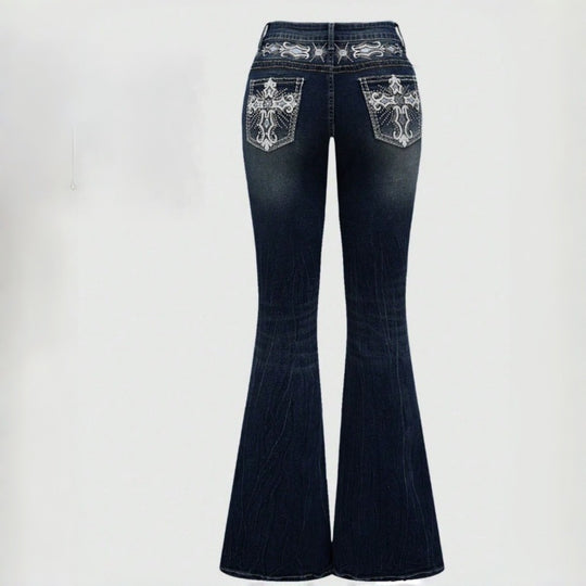 Damen Bootcut Jeans mit aufwendigen Stickereien und hohem Bund R&B