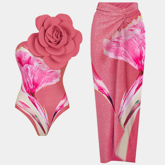 Damen Einteiler Badeanzug mit floralem Design und elegantem Wickelrock R&B