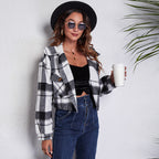 Damen modische Karojacke mit cropped Schnitt und praktischen Taschen R&B