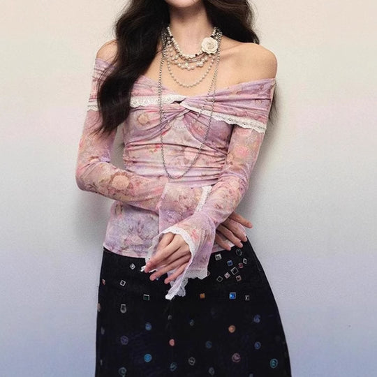 Damen Bluse mit off-shoulder Design und floralen Mustern R&B