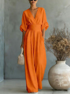 R&B | Eleganter Ärmelloser Jumpsuit mit Tiefem V-Ausschnitt, Taillenbund und Weitem Bein