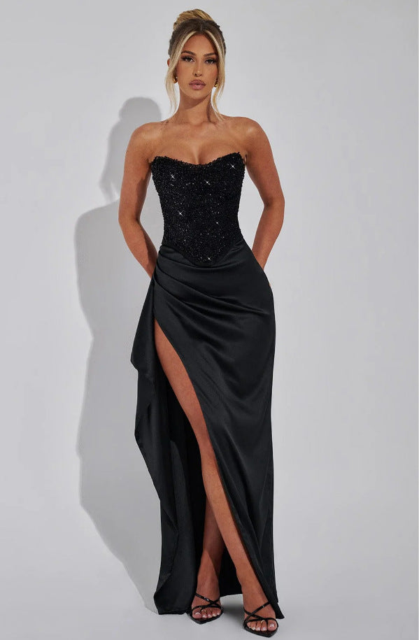 Damen Hochgeschlossenes Abendkleid mit transparentem Oberteil und seitlichem Schlitz R&B