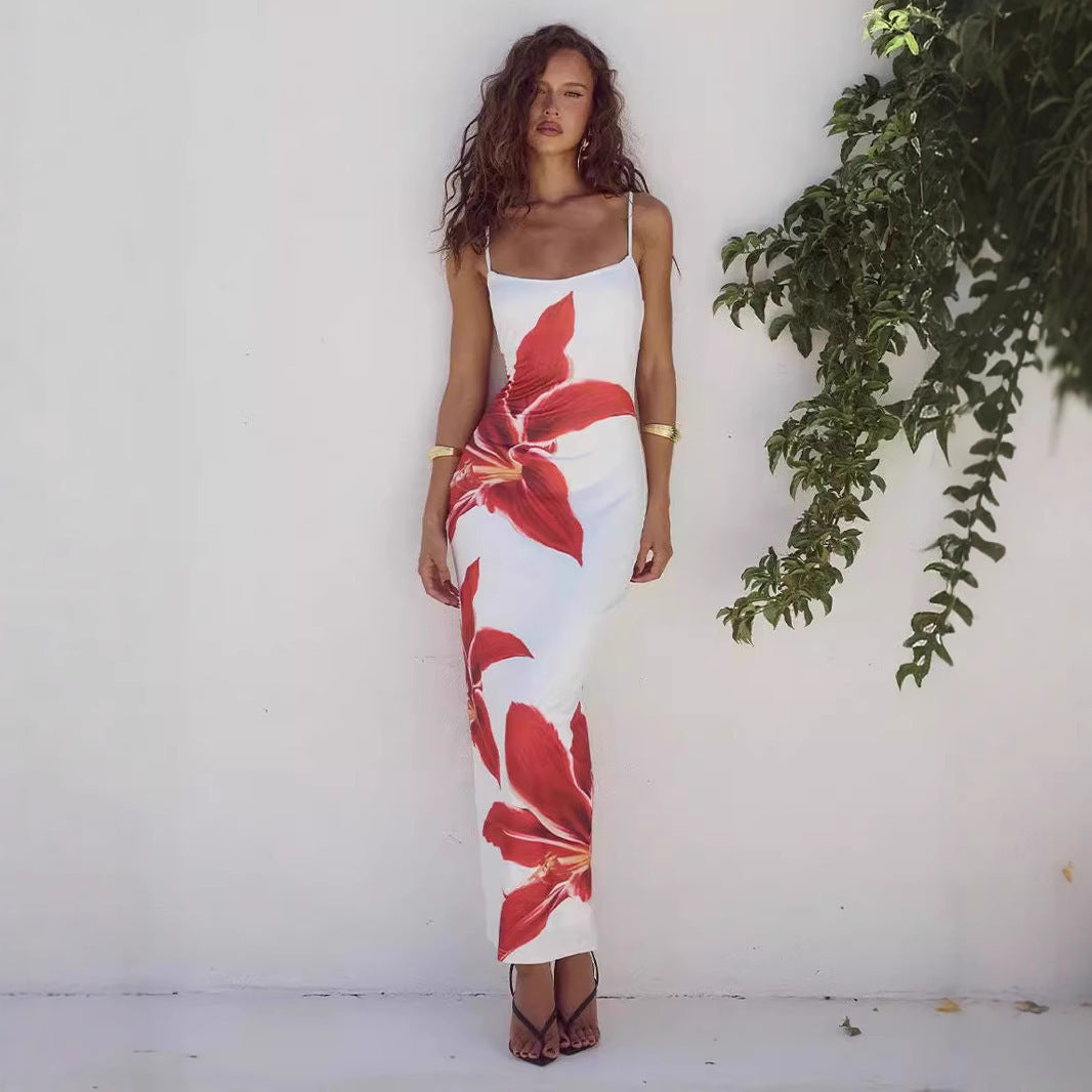 Damen Maxikleid mit raffiniertem Blumenmuster und schmalen Trägern R&B