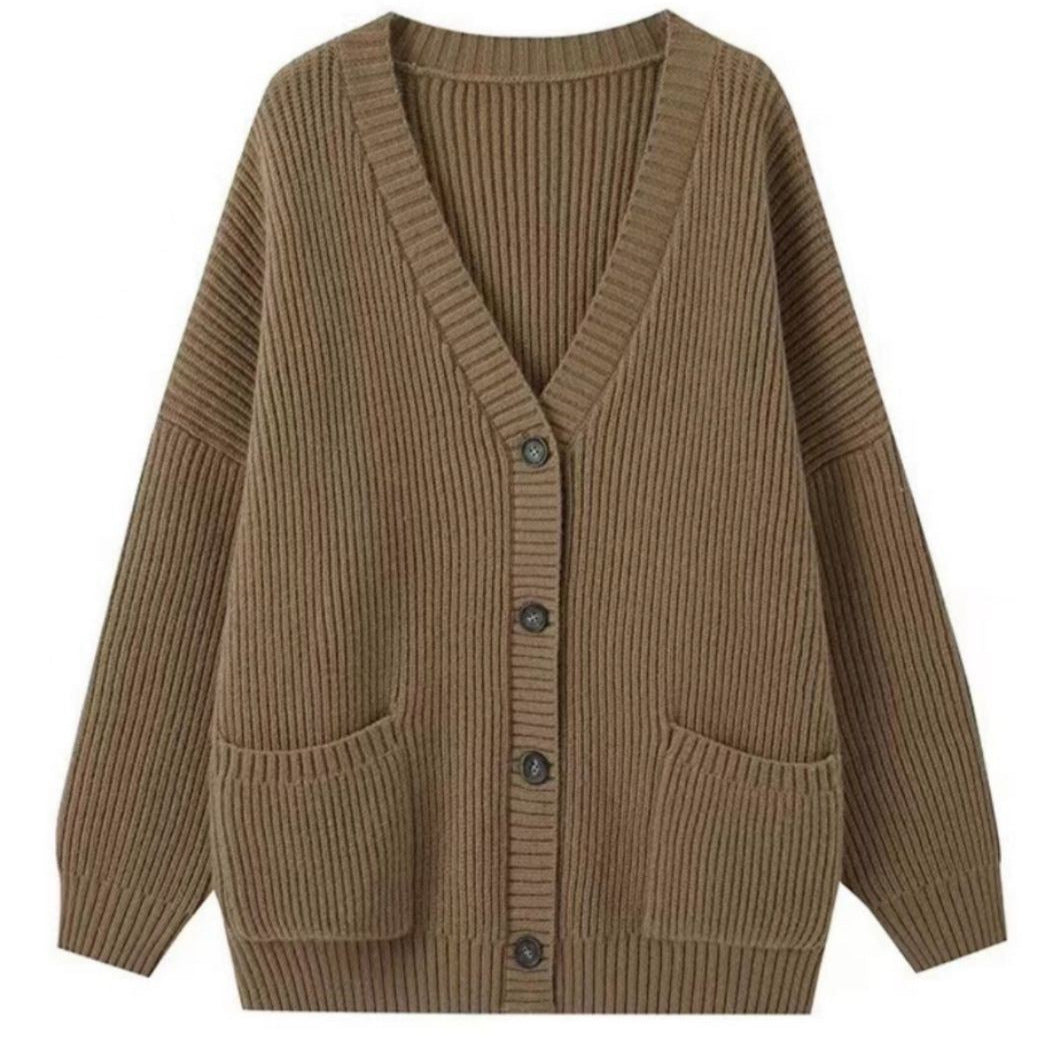Damen Grobstrick Cardigan mit Taschen und tiefem V-Ausschnitt R&B