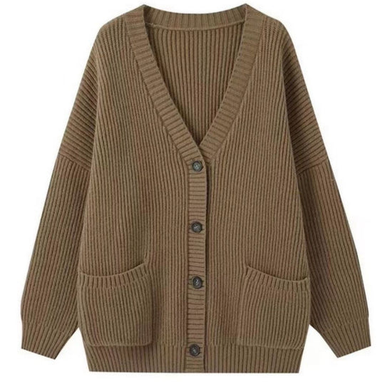 Damen Grobstrick Cardigan mit Taschen und tiefem V-Ausschnitt R&B