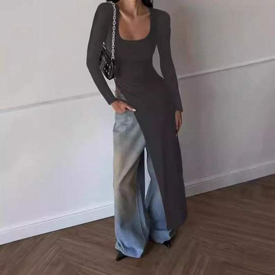 Damen Elegantes langärmliges Kleid mit asymmetrischem Saum R&B