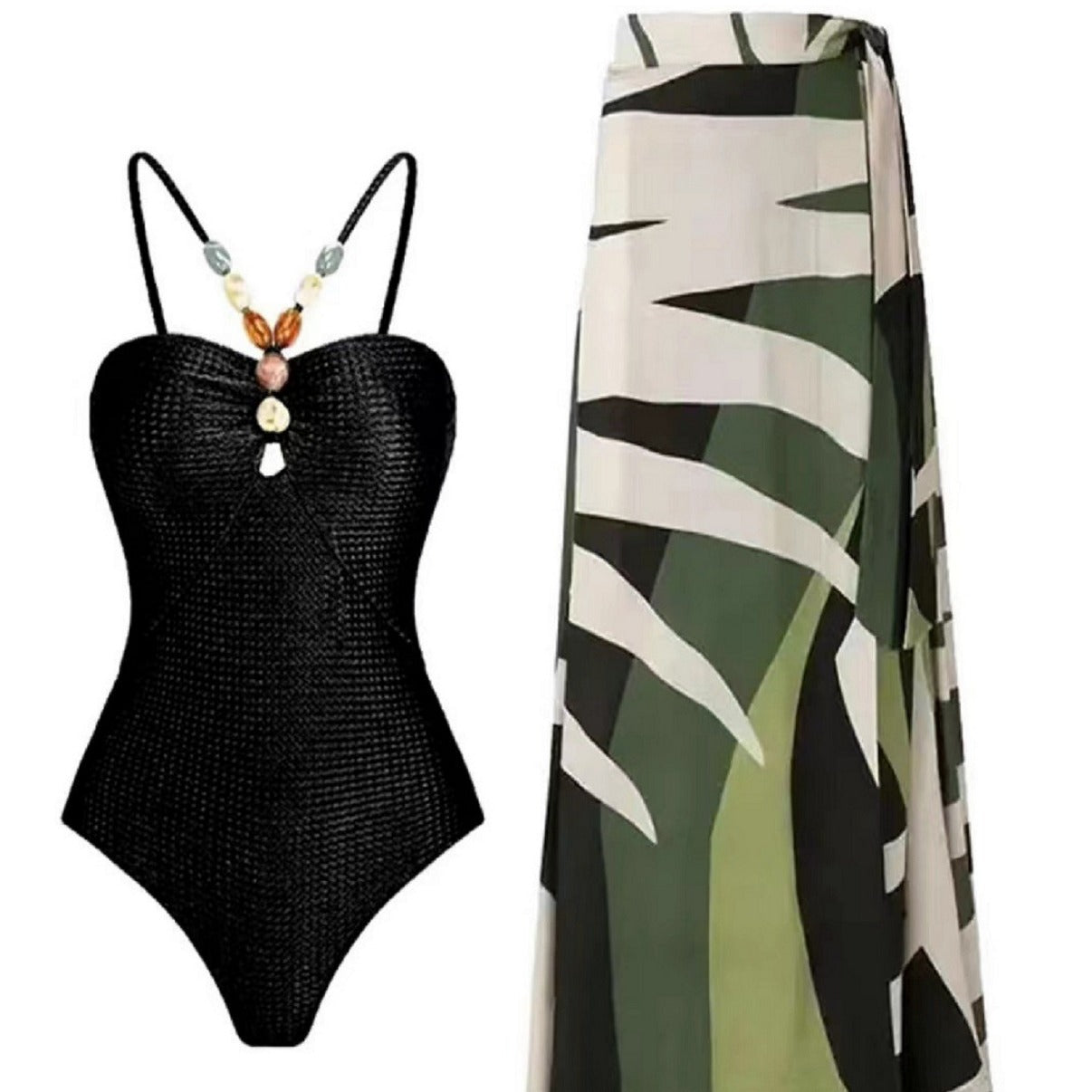 Damen Badeanzug mit elegantem Wickelrock und modischen Schmuckdetails R&B