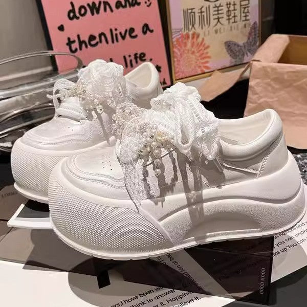 Damen modische Plateau-Sneaker mit dekorativem Schleifendetail und eleganter Schnürung R&B