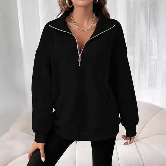 Damen Freizeitlicher Pullover mit kurzem Reißverschluss und Kängurutasche R&B