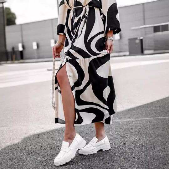 Damen Maxikleid mit modernem Muster und praktischem Taillengürtel R&B