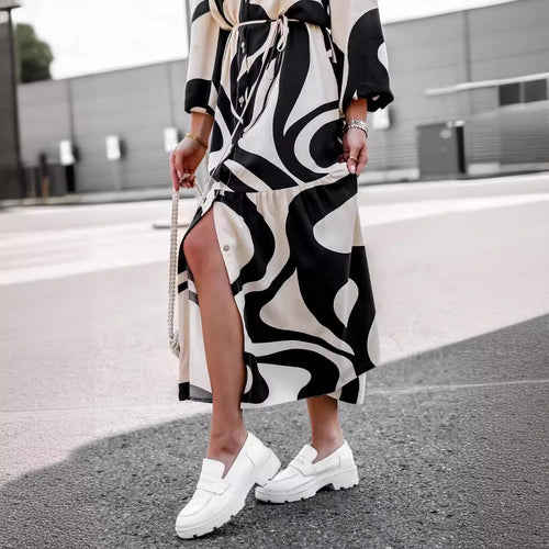 Damen Maxikleid mit modernem Muster und praktischem Taillengürtel R&B
