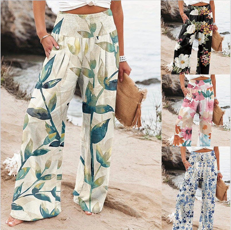 Damen Weit geschnittene Strandhose mit floralem Motiven und elastischem Bund R&B