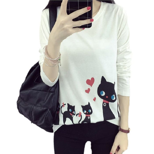 Damen Langarm-T-Shirt mit kreativem Katzenmotiv R&B