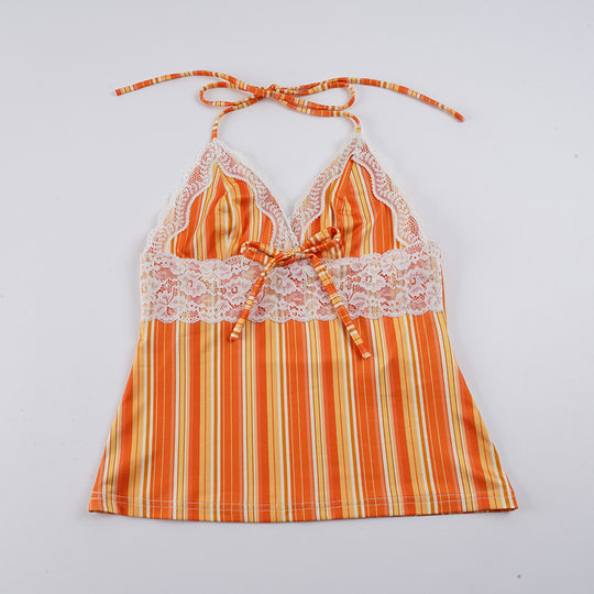Damen Spaghetti-Träger Top mit zarten Spitzenakzenten und fröhlichem Streifenmuster R&B