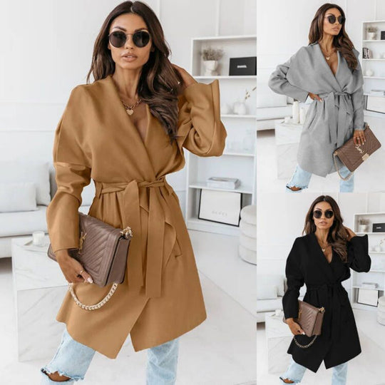 Damen lässiger Oversize-Mantel mit Wickelgürtel R&B