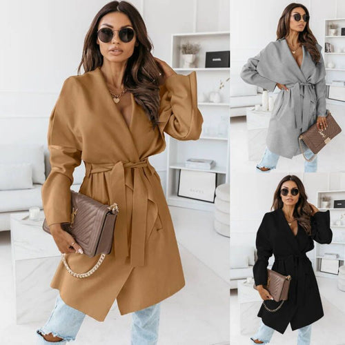 Damen lässiger Oversize-Mantel mit Wickelgürtel R&B