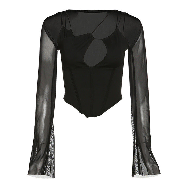 Damen Eleganter Bodysuit mit tiefem V-Ausschnitt und langen ausgestellten Ärmeln R&B