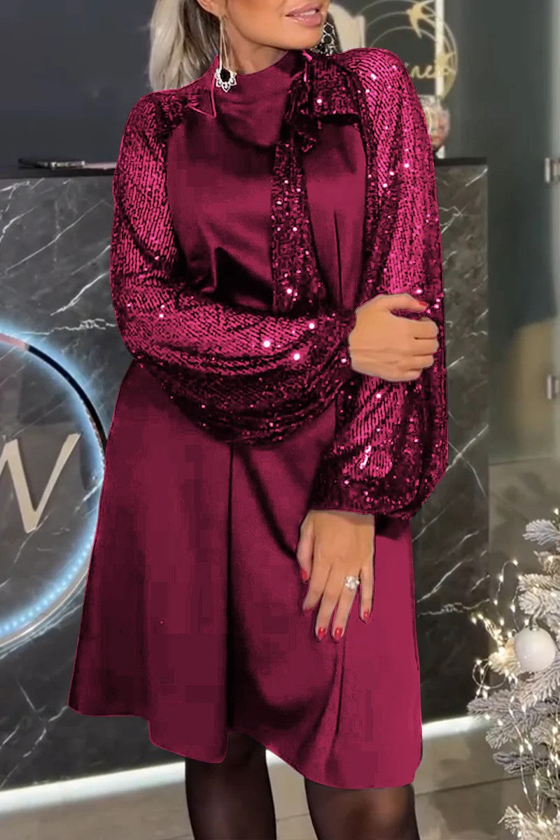 Damen Elegantes Kleid mit glitzernden Ärmeln und festlichem Kragen R&B