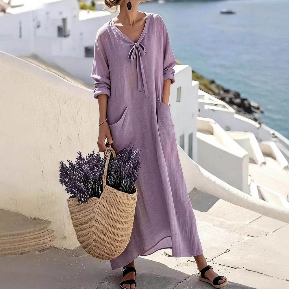 Damen Maxikleid mit seitlichen Taschen und Schleifendetails R&B