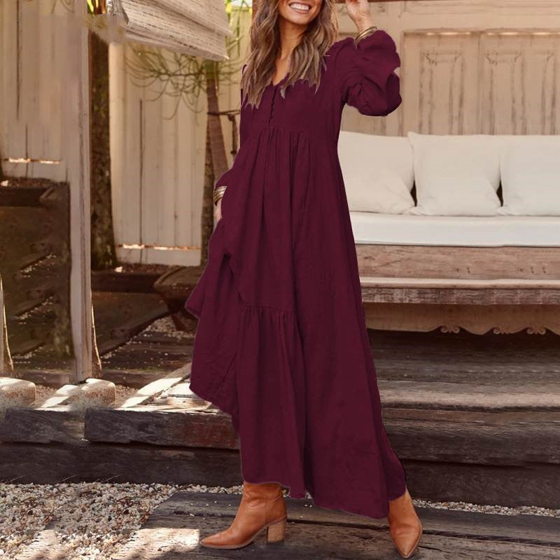 Damen nan luftiges Maxikleid mit V-Ausschnitt, Langarm und Eingrifftaschen R&B