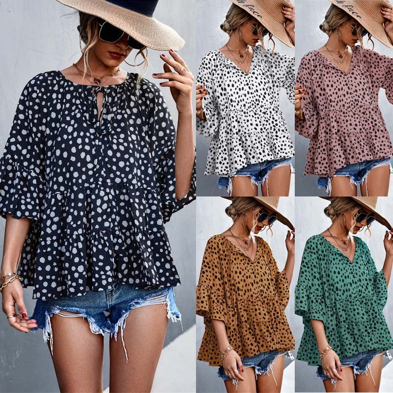 Damen lässige Bluse mit voluminösen Ärmel und modischem Punktmuster R&B