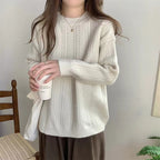 Damen Grobstrickpullover mit modernem Zopfmuster und hohem Rundhalsausschnitt R&B