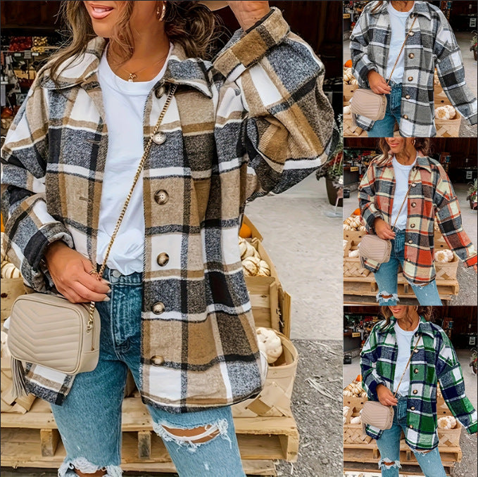 Damen Karierte Flanelljacke mit Knopfdetails und lässigem Schnitt R&B