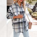 Damen Plaid Oversized Hemdjacke mit zwei Taschen und lässigem Schnitt R&B