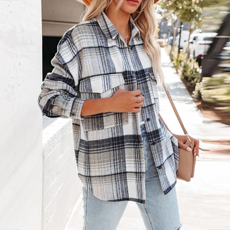 Damen Plaid Oversized Hemdjacke mit zwei Taschen und lässigem Schnitt R&B
