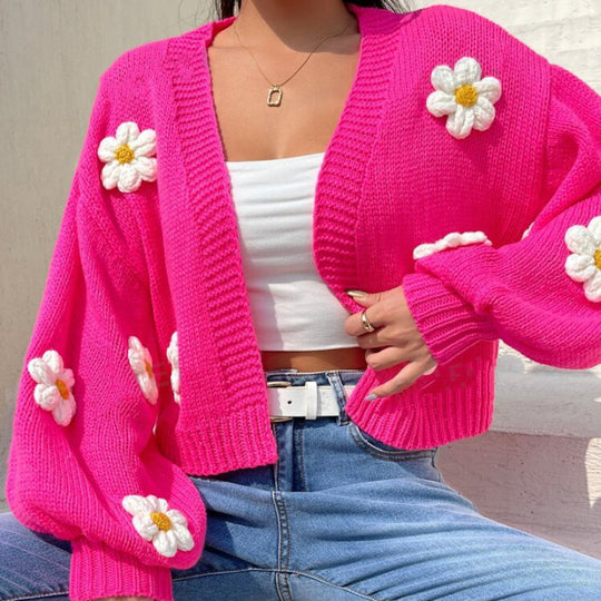 Damen Kurzstrickcardigan mit verspieltem Blumenmuster R&B