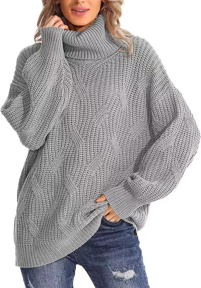 Damen Grobstrickpullover mit hohem Kragen und strukturiertem Zopfmuster R&B