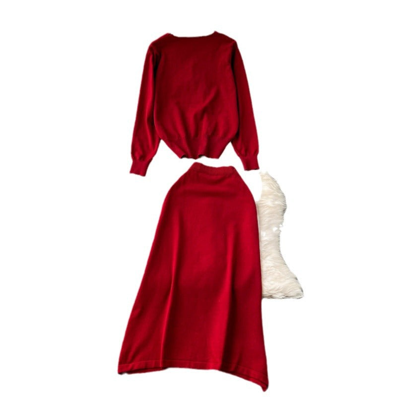 Damen gehobenes Strickset mit V-Ausschnitt und Knopfleiste R&B